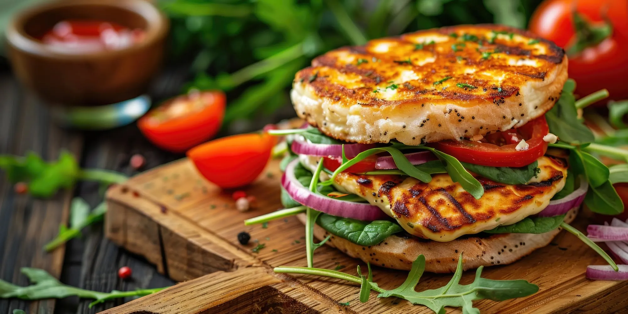 Grillad halloumi i burgare med tomat och rödlök
